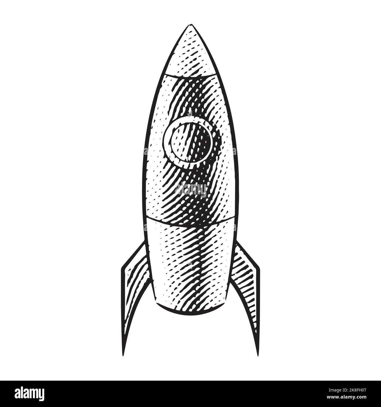 Scratchboard Engraved Illustration of a Rocket isolated on a White