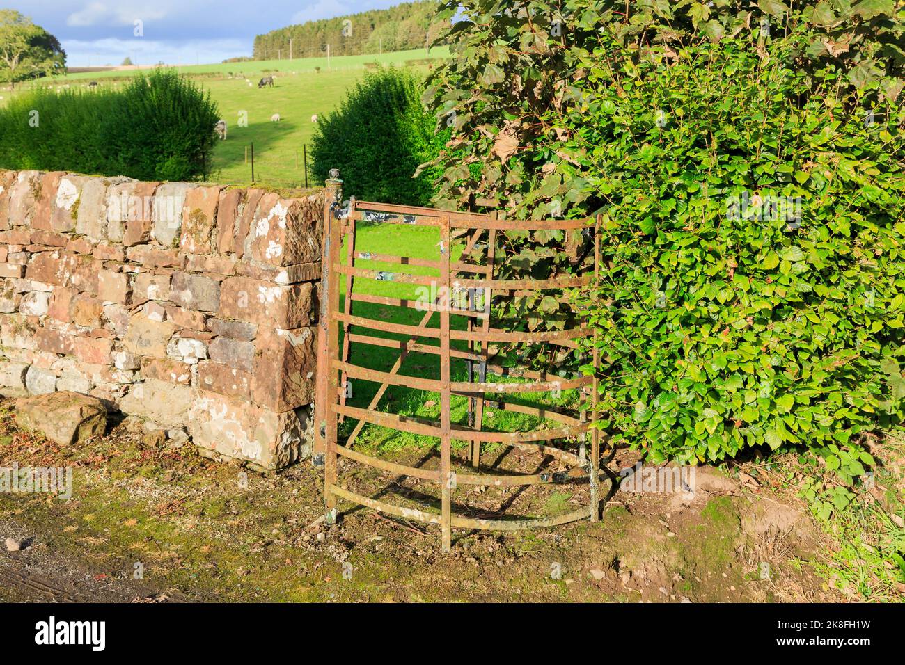 Old rusty iron kissing gate lit by evening sun Stock Photo