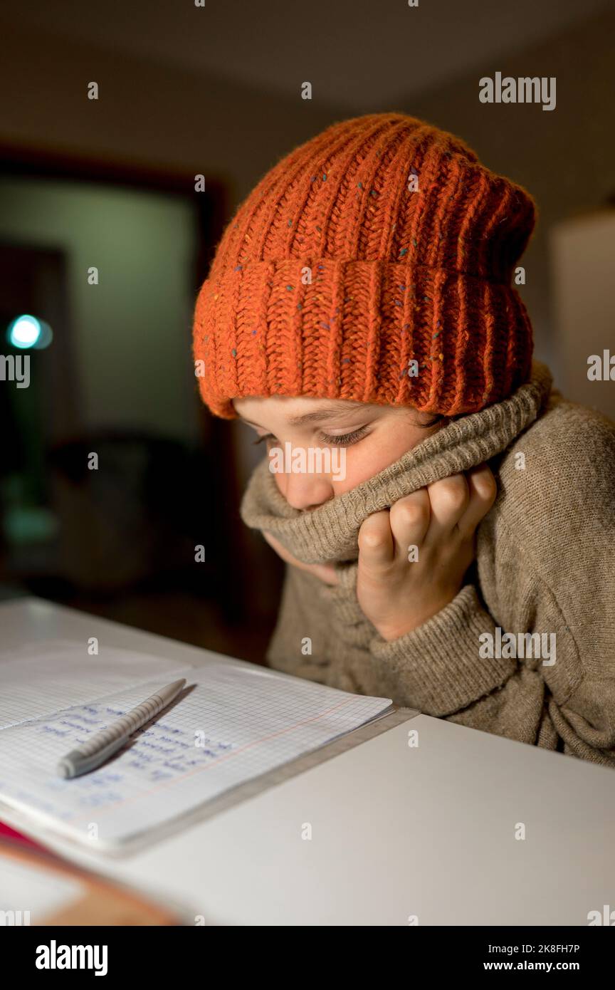 Boy wearing knit hat studying at home Stock Photo