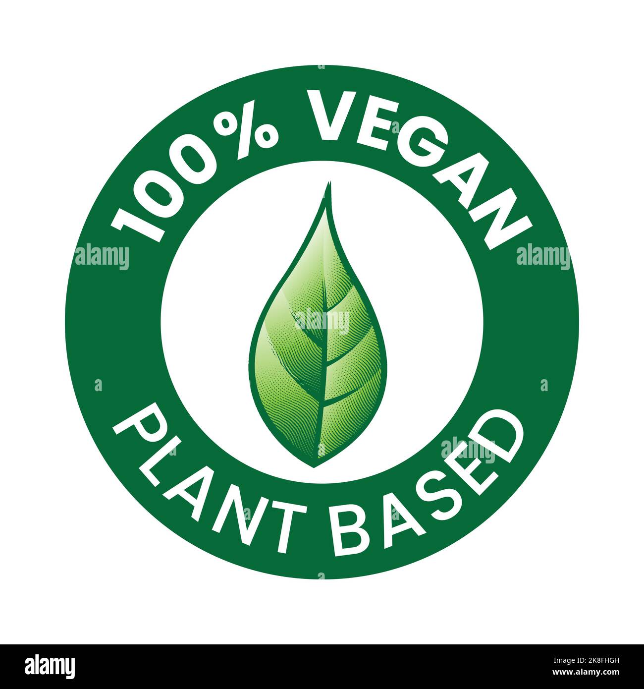 100% Vegan Plant Based Round Icon with an Engraved Green Leaf isolated ...