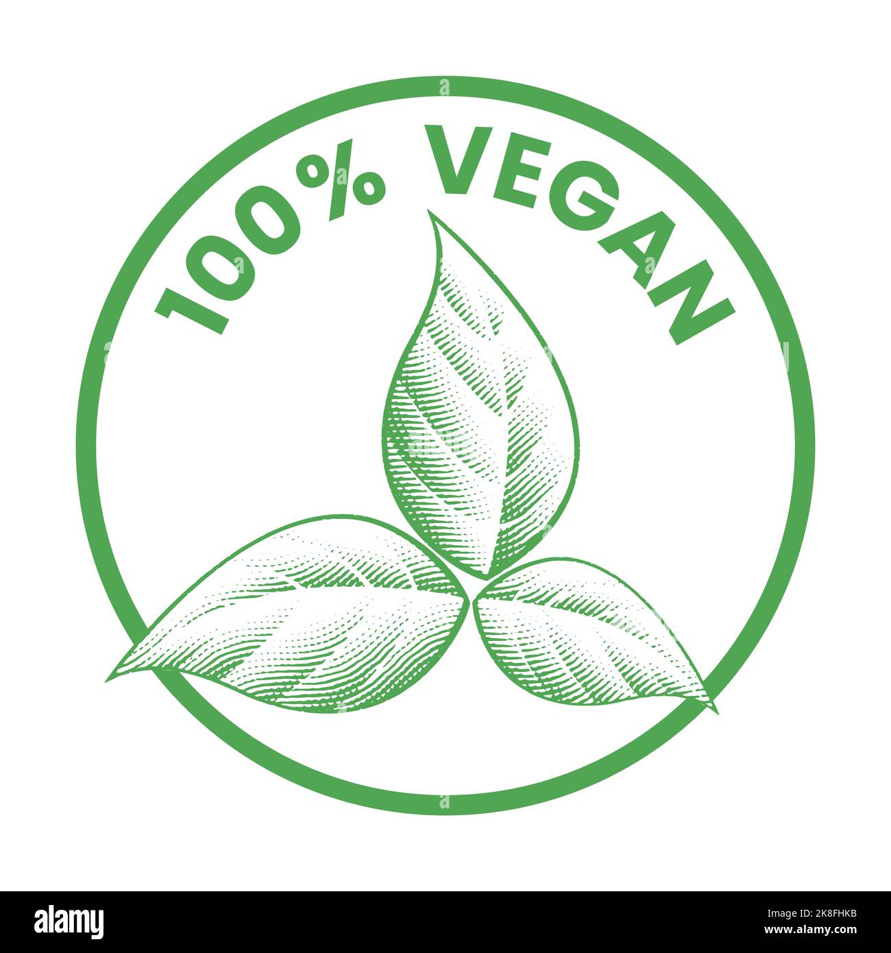 100% Vegan Round Icon with Shaded Engraved Green Leaves isolated on a ...