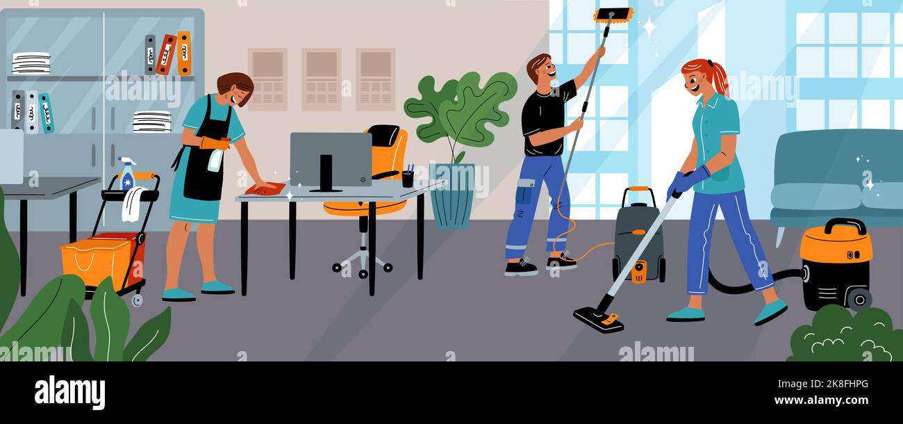 Cleaning premises process. Professional cleaners. Workers in uniform