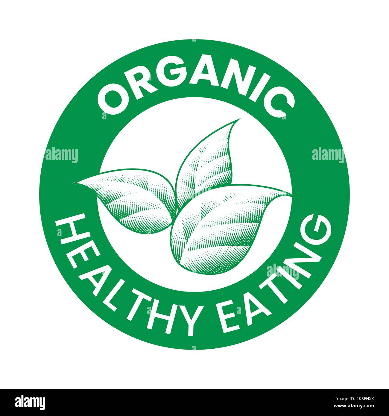 Organic Plant Based Engraved Round Icon with Green Shaded Leaves ...