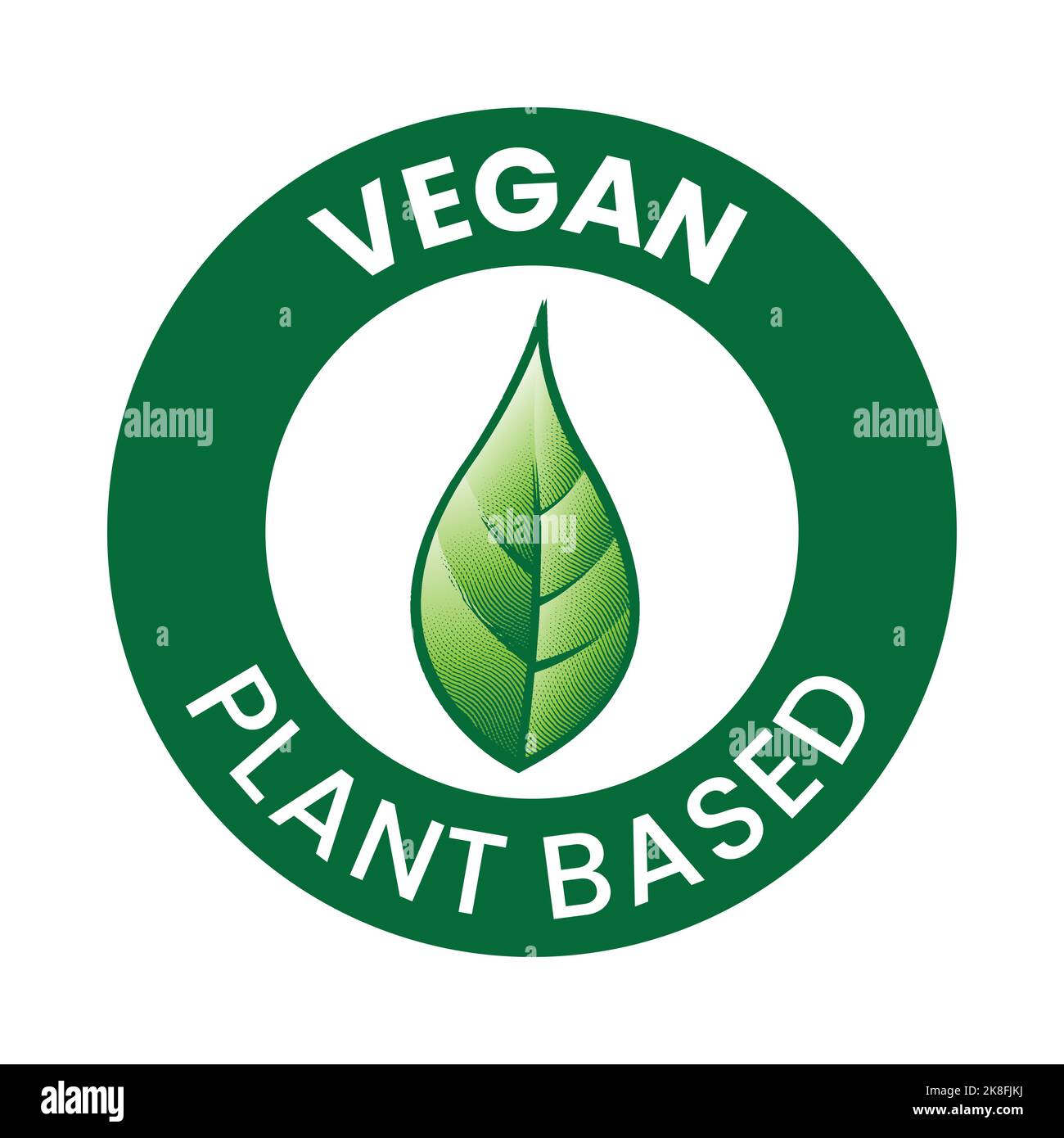 Vegan Plant Based Round Icon with an Engraved Green Leaf isolated on a ...