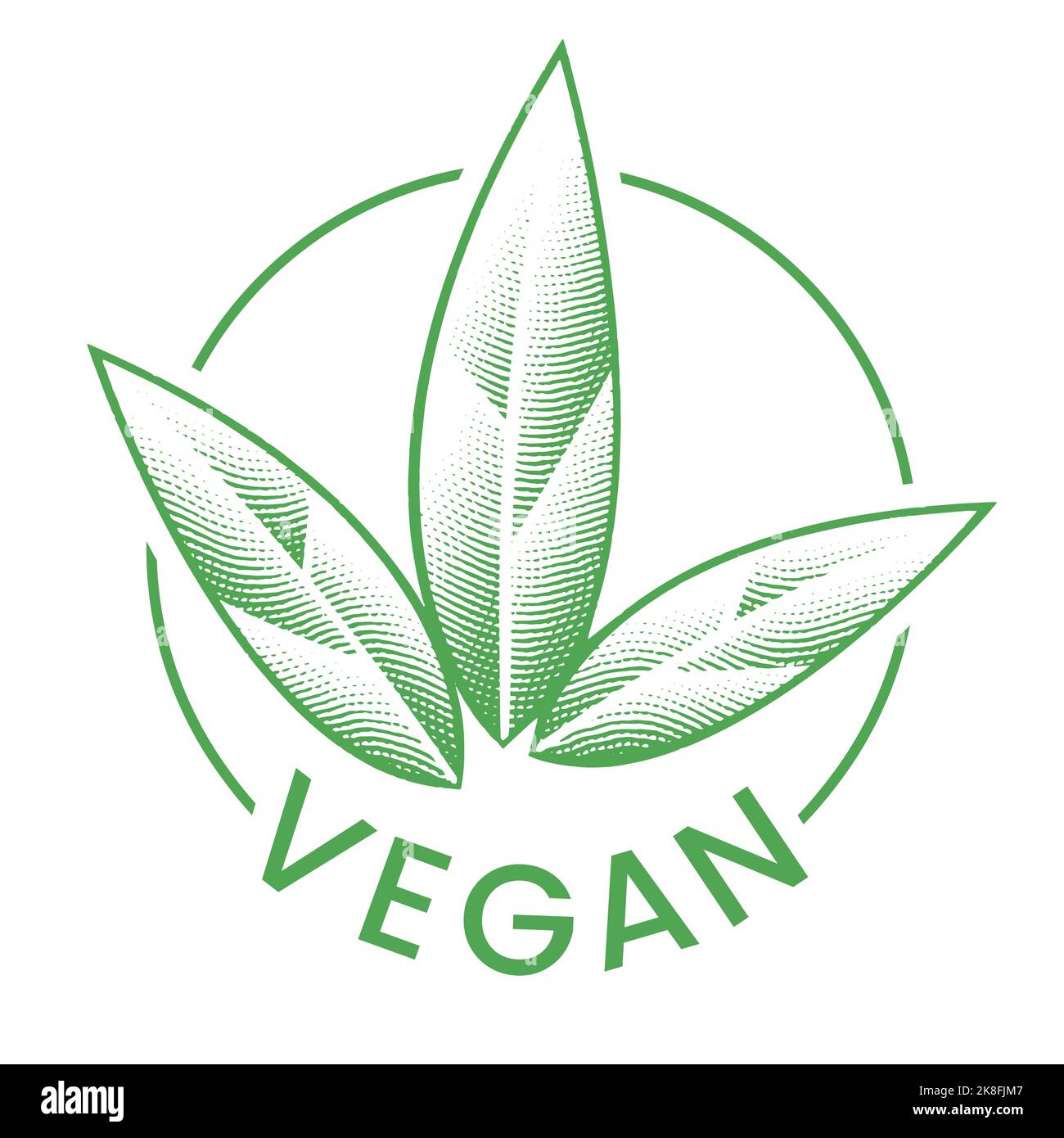 Vegan Engraved Round Icon with 3 Green Leaves isolated on a White ...