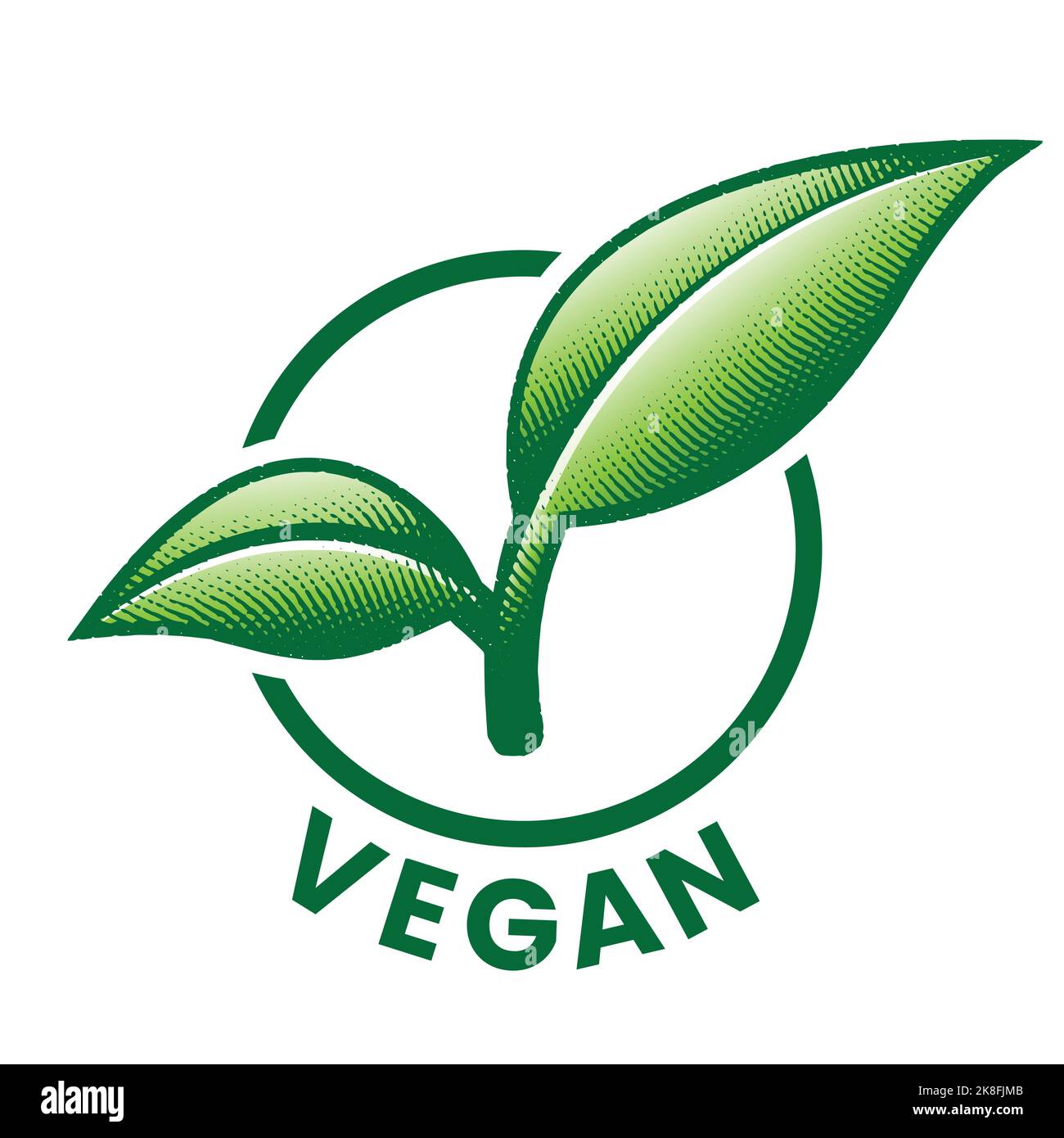 Vegan Round Icon with 2 Engraved Green Leaves isolated on a White ...