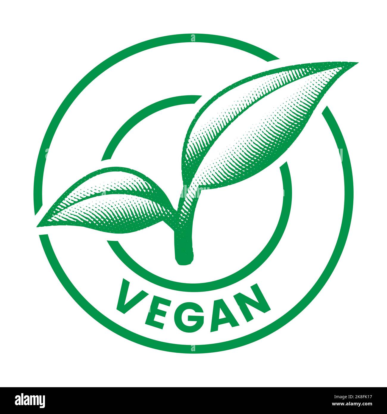 Vegan Round Engraved Icon with 2 Green Leaves isolated on a White ...