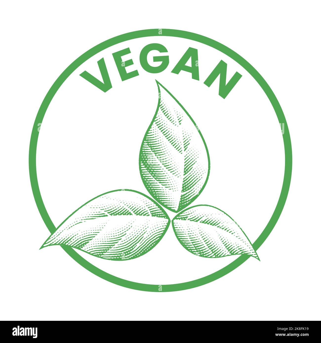 Vegan Round Icon with Shaded Engraved Green Leaves isolated on a White ...