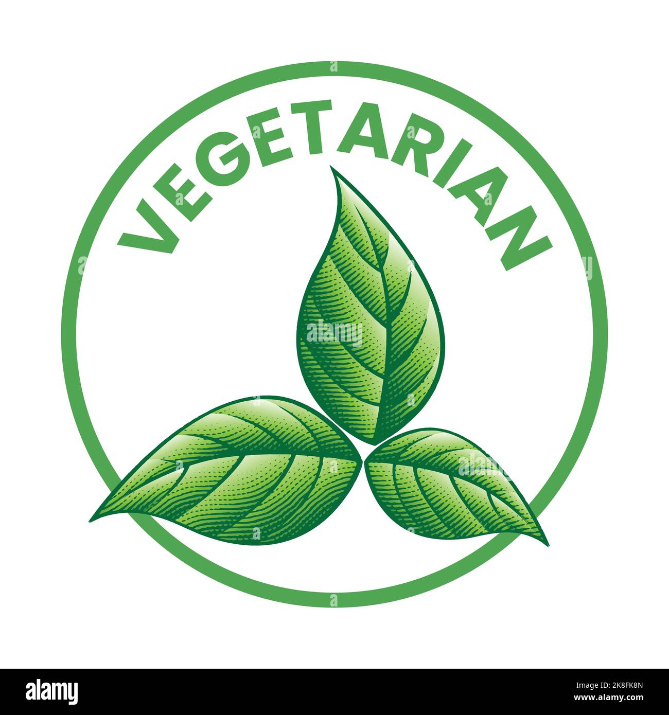 Vegetarian Round Icon with 3 Shaded Engraved Green Leaves isolated on a ...