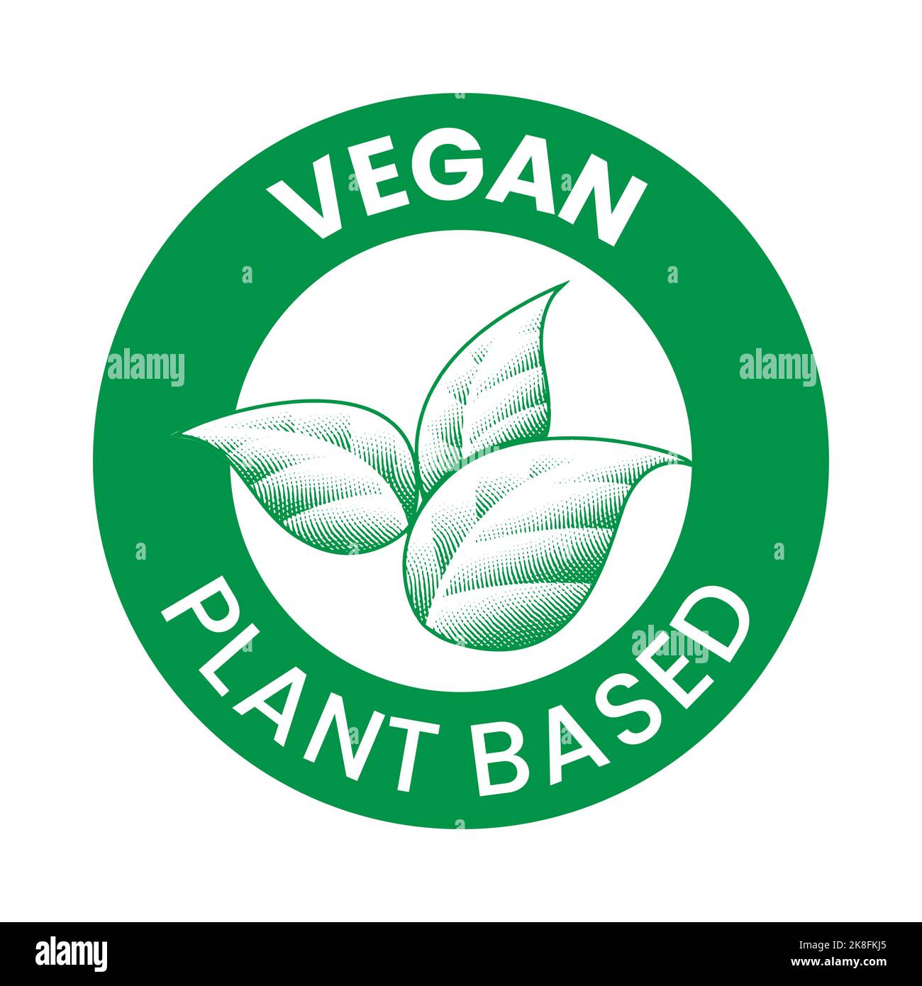 Vegan Plant Based Engraved Round Icon with Green Shaded Leaves isolated ...