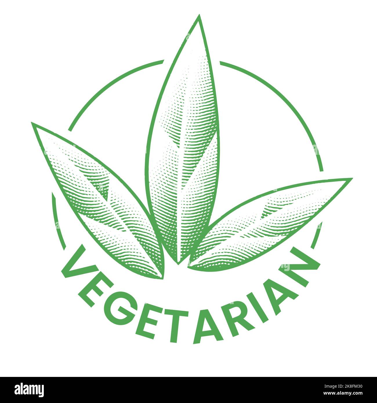 Vegetarian Engraved Round Icon with 3 Green Leaves isolated on a White ...