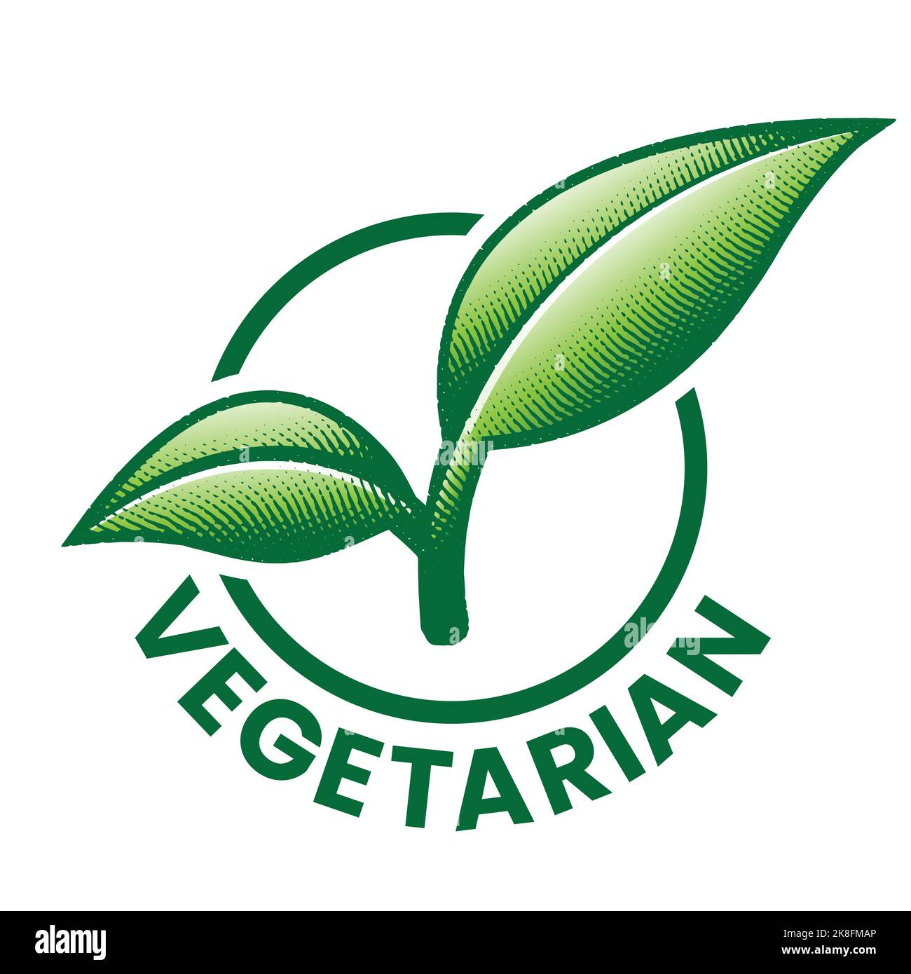 Vegetarian Round Icon with 2 Engraved Green Leaves isolated on a White ...