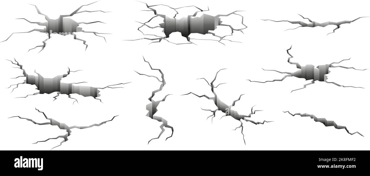 Earthquake cracks. Fractured earth, break cracked in cement. Destruction floor isolated set