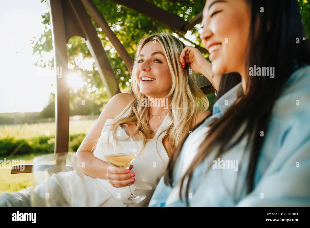 Happy friends holding white wine on porch swing at winery Stock Photo