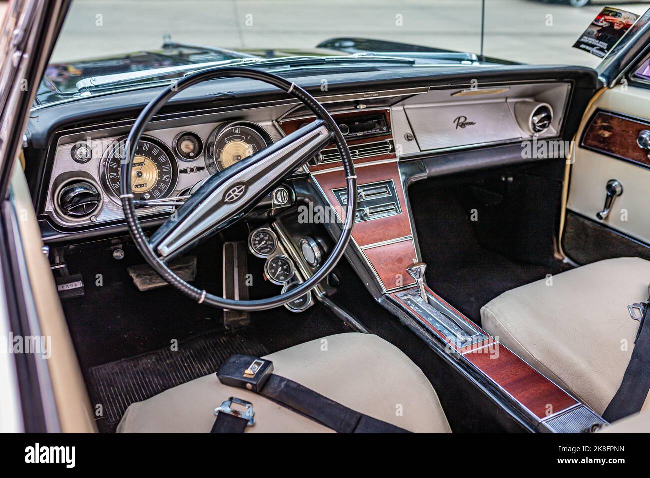 Des Moines, IA - July 01, 2022: High perspective detail interior view of a 1964 Buick Riviera Hardtop Coupe at a local car show. Stock Photo