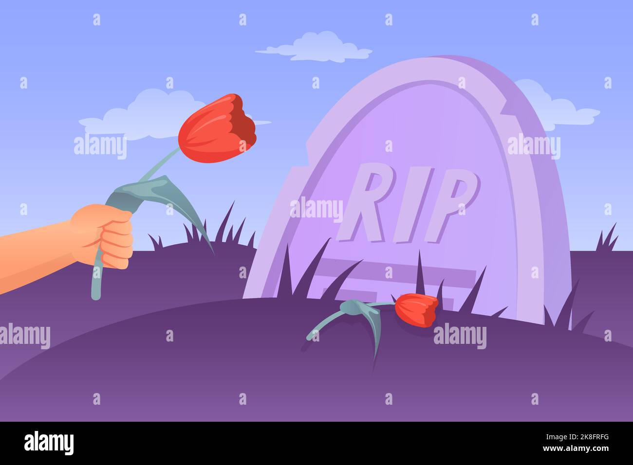 Putting flowers on grave. Burial graf funeral ceremony cemetery, sorrow hand with flower at memorial tomb, mourning rip death, cartoon graveyard vector illustration of death grave, flower on cemetery Stock Vector