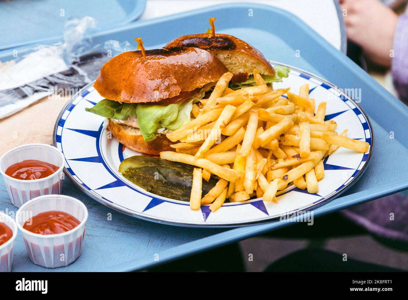 Fish sandwich with pickles and french fries in plate kept on tray Stock Photo