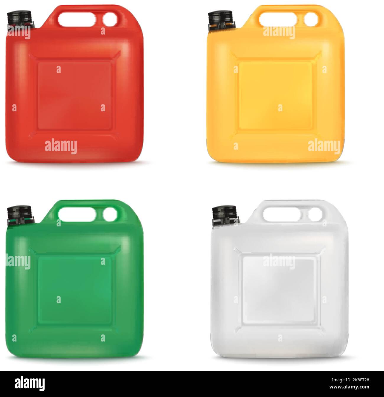 3d jerrycans. Color fuel jerrycan render, oil or gasoline plastic canister petrol gallon bottle car gas storage container auto refuel jerry cans diesel car tidy vector illustration of canister tank Stock Vector