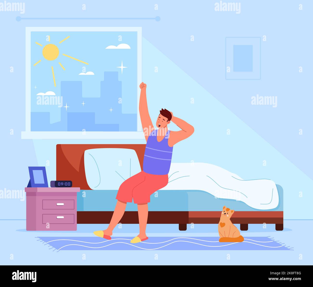 Waking up man. Happy awake boy wakes-up early morning and yawn stretching on bed after sleep, start day life routine in home bedroom, cartoon tired guy person vector illustration Stock Vector