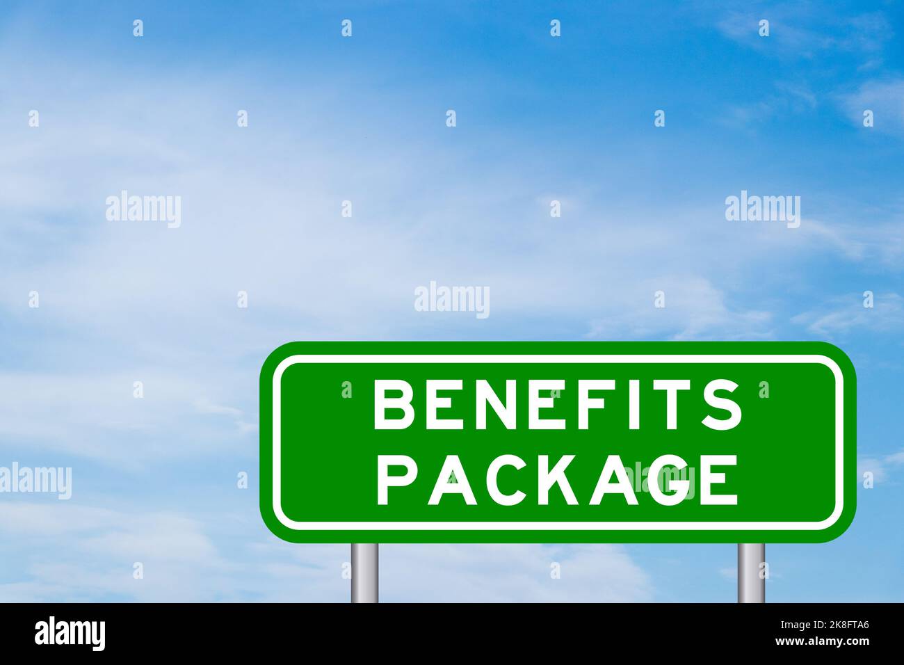 Green color transportation sign with word benefits package on blue sky