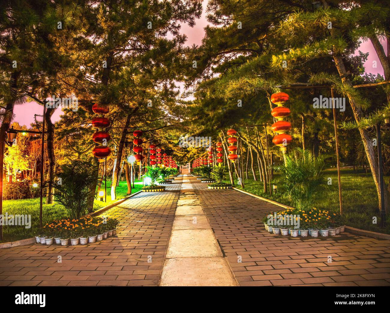 Ancient Stone Altar Circle Walkway Red Lanterns Temple of  Sun Night Illuminated Beijing China Stock Photo