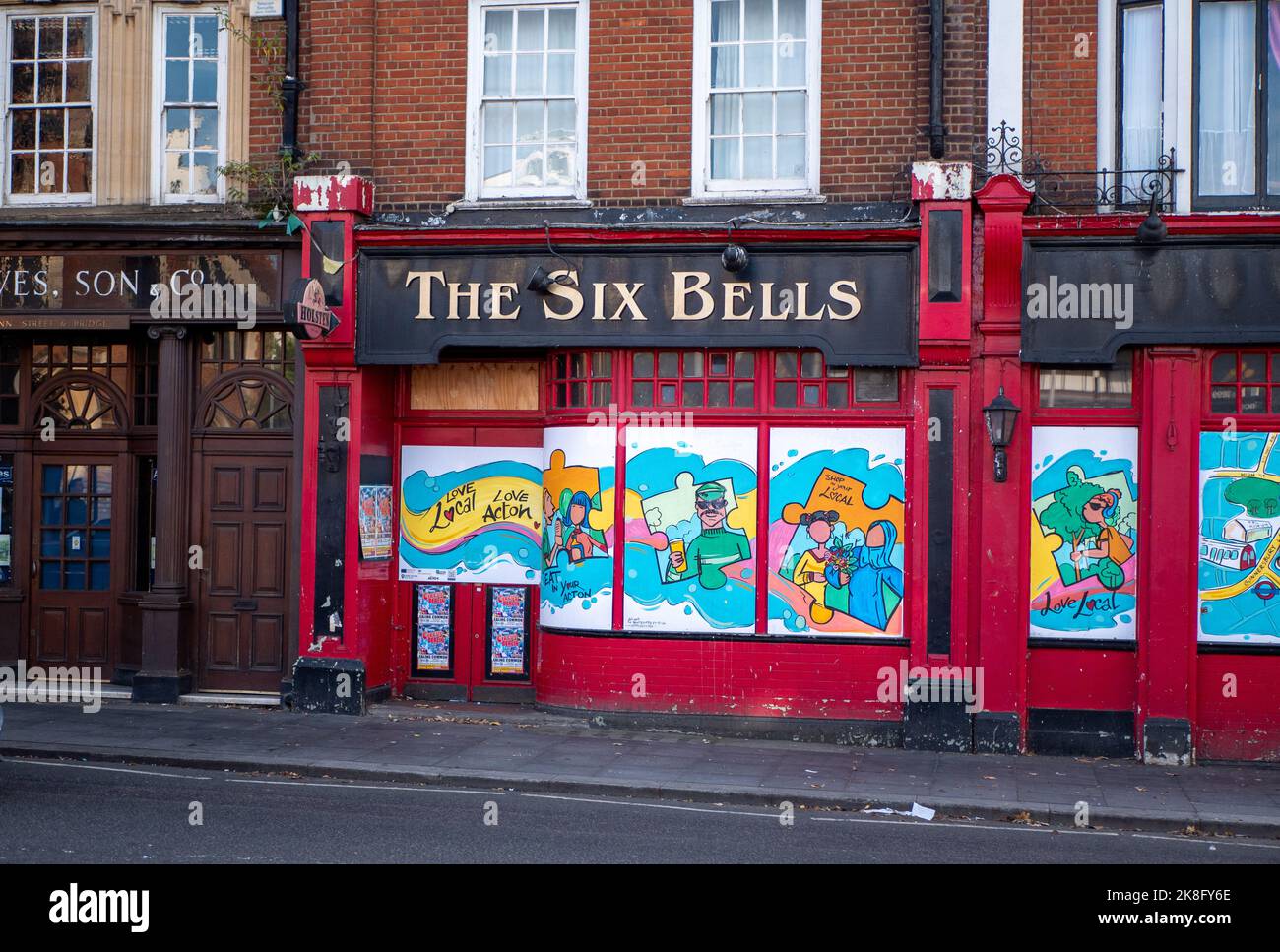 The Six Bells Pub is boarded up in Acton, London. Stock Photo