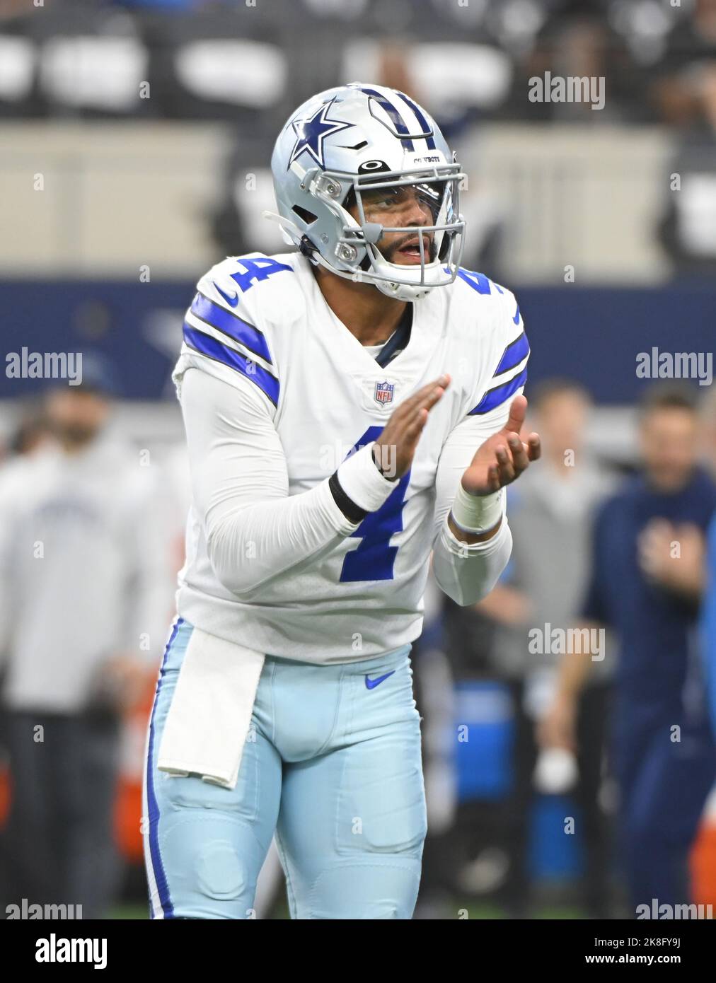 Arlington, United States. 23rd Oct, 2022. Dallas Cowboys quarterback Dak Prescott warms up prior to facing the Detroit Lions at AT&T Stadium in Arlington, Texas on Sunday, October 23, 2022. Prescott is making his first start since missing five games with a broken thumb in the season opener, Photo by Ian Halperin/UPI Credit: UPI/Alamy Live News Stock Photo