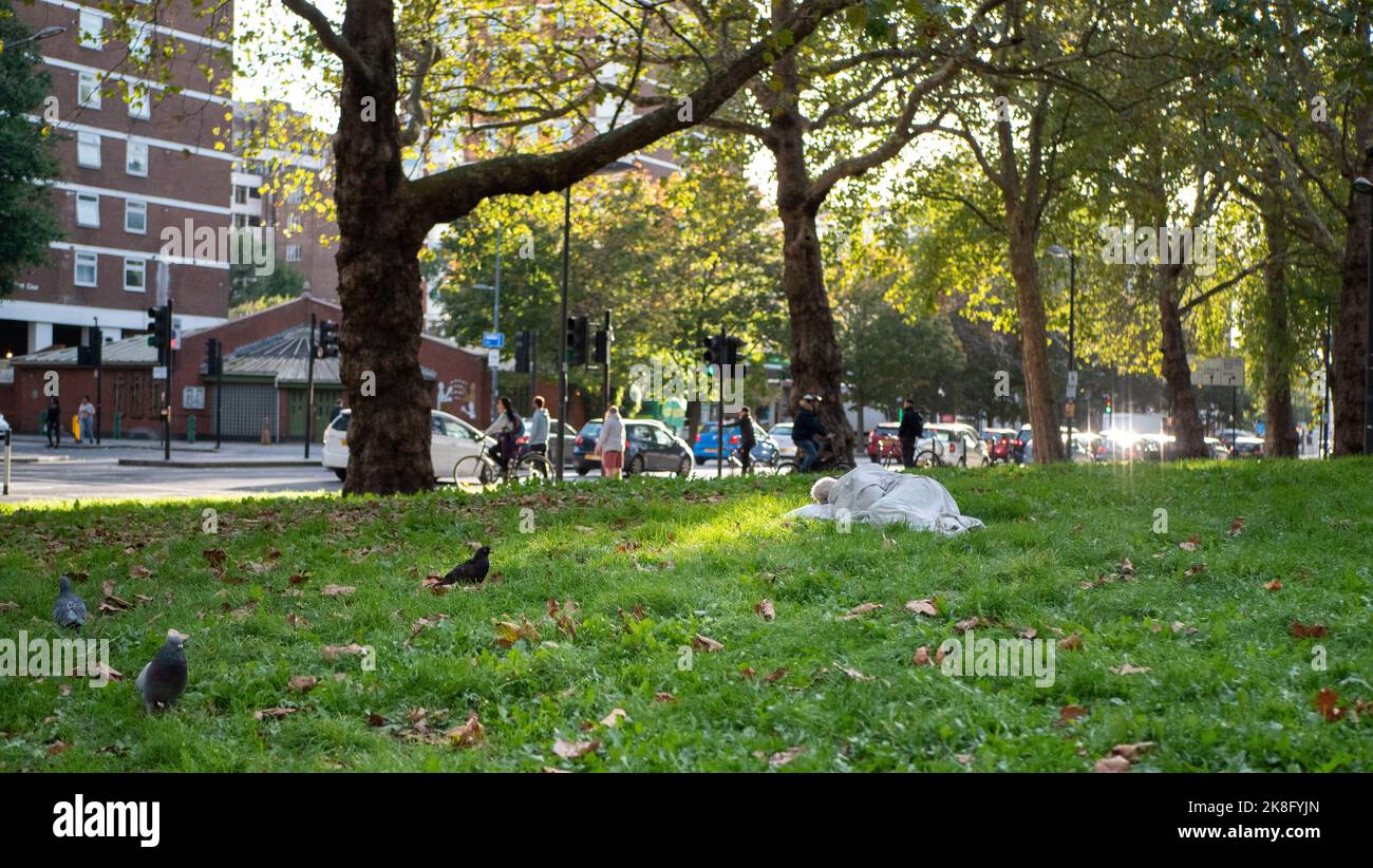 A homeless person sleeps among the crows on the grass at Shepherds Bush Green in London, UK. Stock Photo