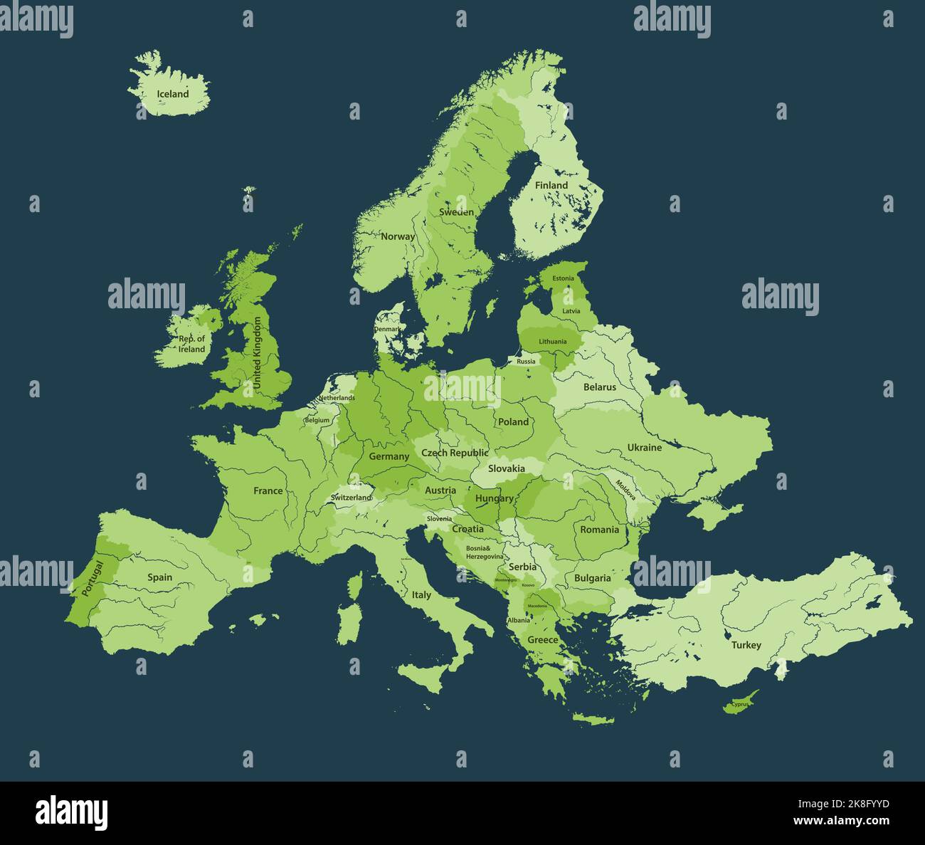 European rivers vector detailed map Stock Vector