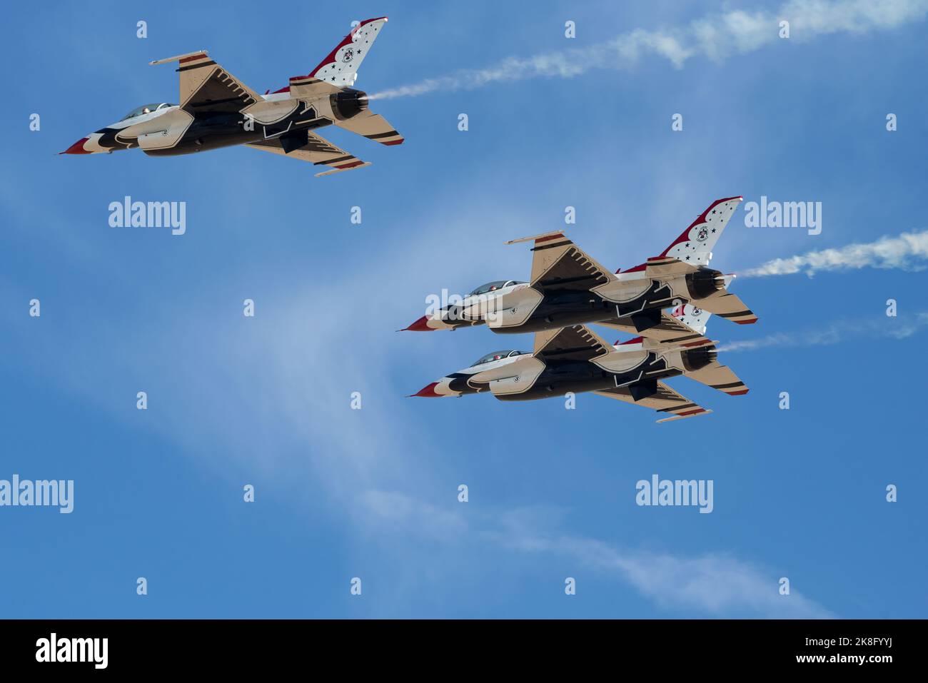 Mojave Desert, California, United States - October 16, 2022: USAF Thunderbirds shown flying in formation over Edwards AFB in California. Stock Photo