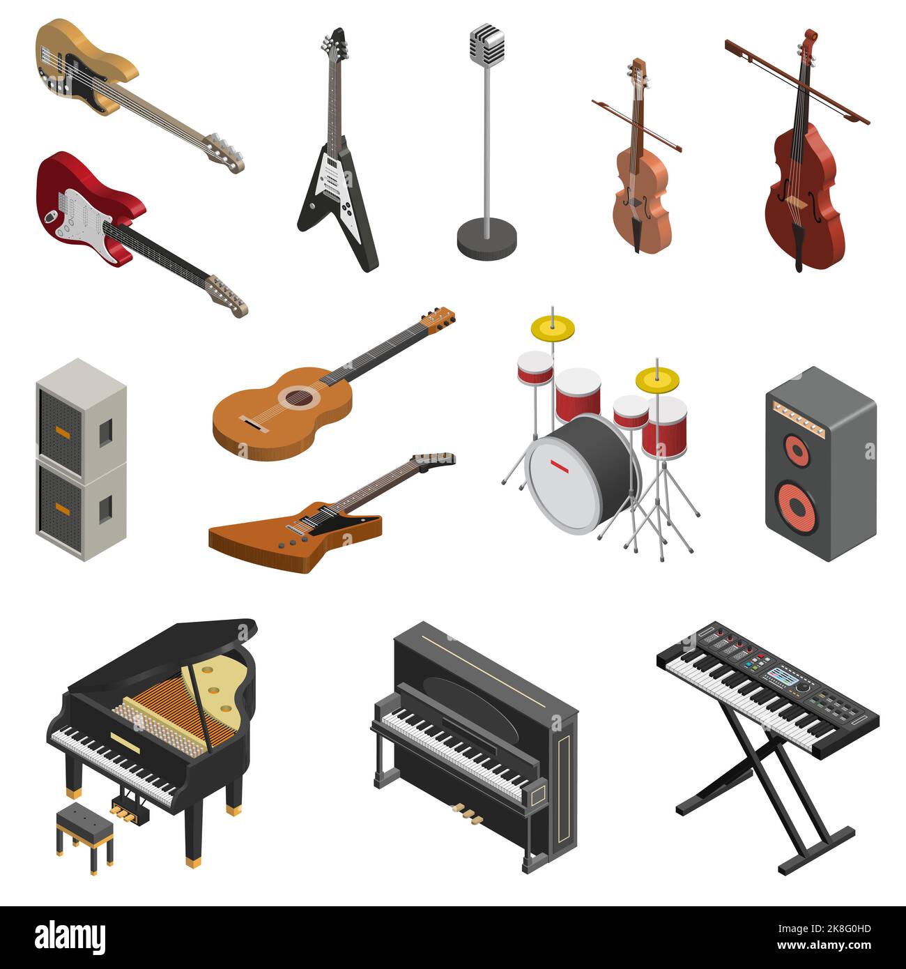 Musical instruments. Vector isometric illustrations set Stock Vector