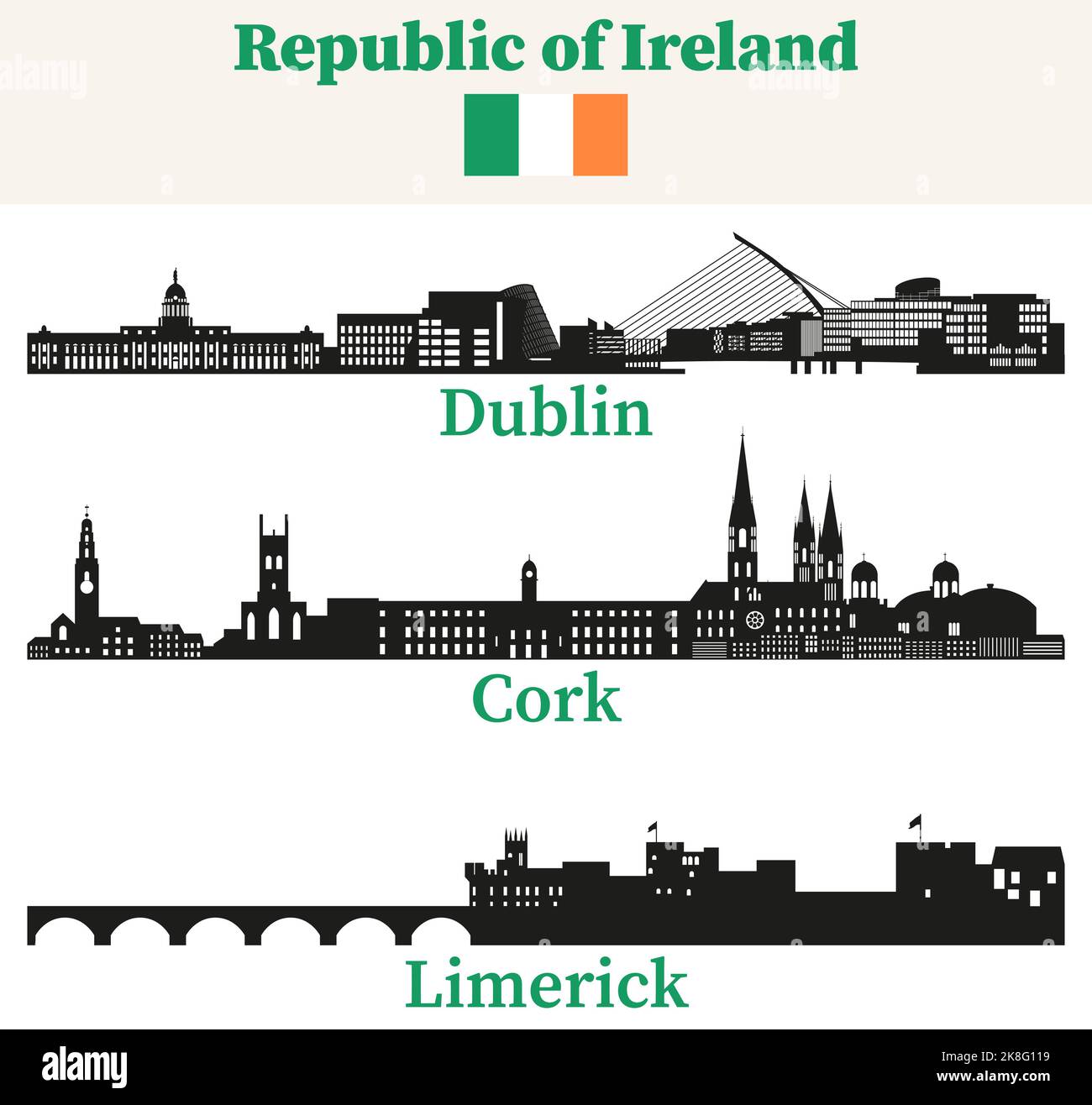 Republic of Ireland cities skylines silhouettes vector set Stock Vector