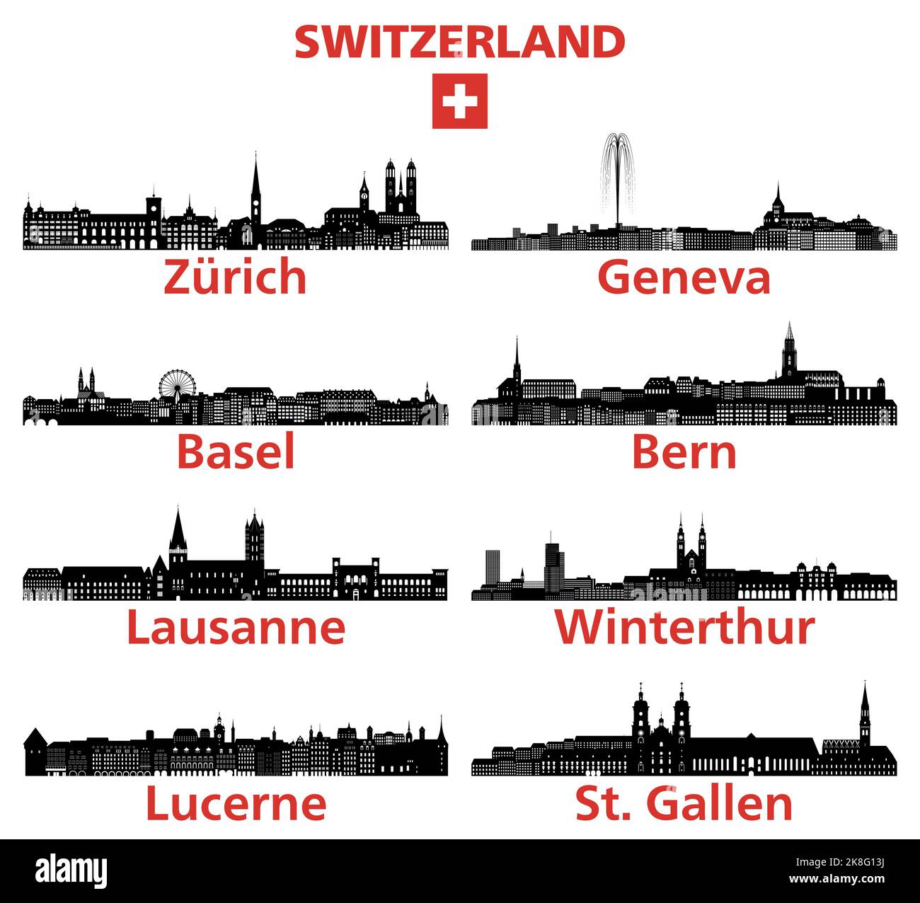 Switzerland cities skylines silhouettes vector set Stock Vector