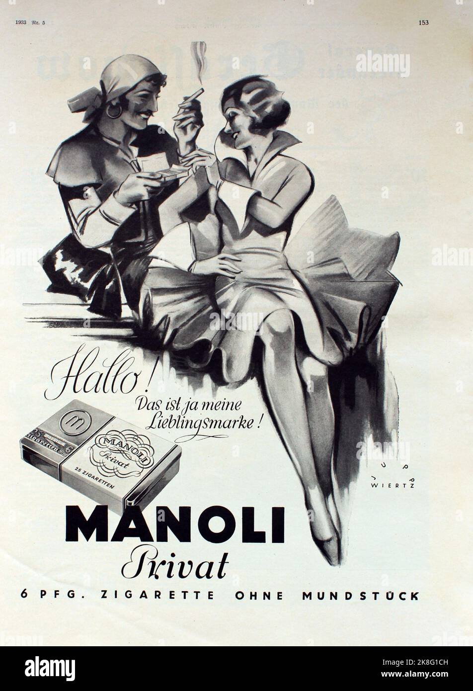 Anzeige der Manoli Zigarettenfabrik Berlin aus dem Jahr 1933 für Zigaretten der Marke 'Manoli privat', die „Meisterzigarette ohne Mundstück“, gestaltet von Jupp Wiertz (1888-1939). Advert of Manoli cigarette factory, Berlin from 1933 for their brand 'Manoli privat', designed by Jupp Wiertz (1888-1939) Stock Photo