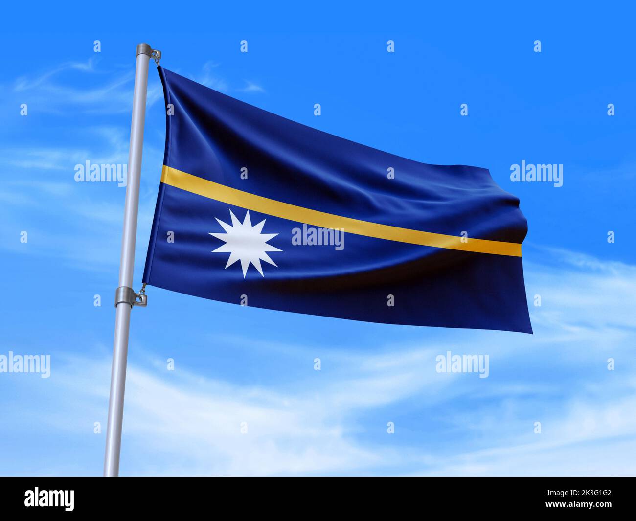Beautiful Nauru flag waving in the wind with sky background - 3D illustration - 3D render Stock Photo