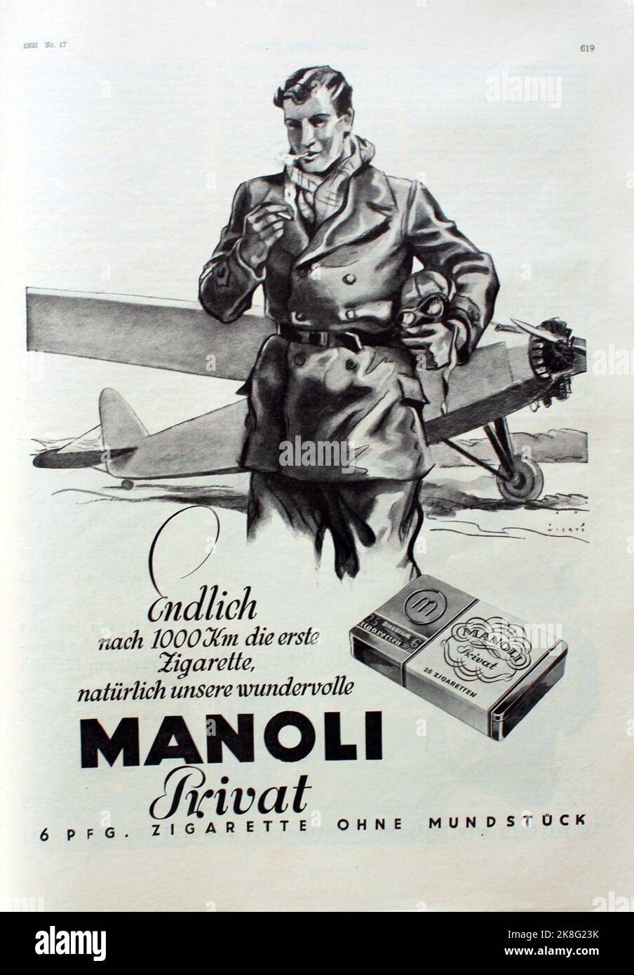 Anzeige der Manoli Zigarettenfabrik Berlin aus dem Jahr 1933 für Zigaretten der Marke 'Manoli privat', die „Meisterzigarette ohne Mundstück“, gestaltet von Jupp Wiertz (1888-1939). Advert of Manoli cigarette factory, Berlin from 1933 for their brand 'Manoli privat', designed by Jupp Wiertz (1888-1939) Stock Photo