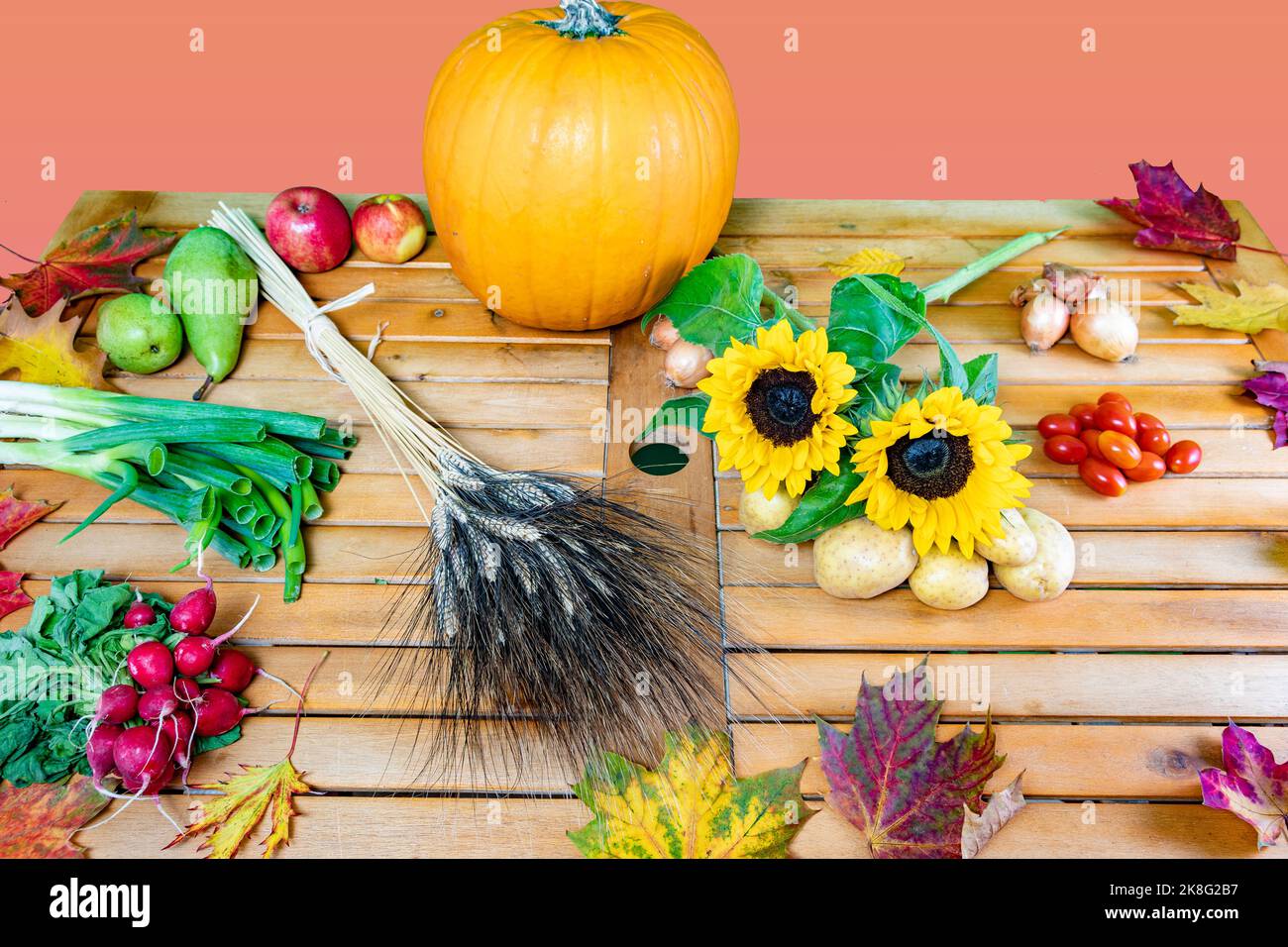 Ein Erntedank Tisch mit Produkten aus der Regionalen Ernte umrandet mit frisch gesammelten Blättern Stock Photo