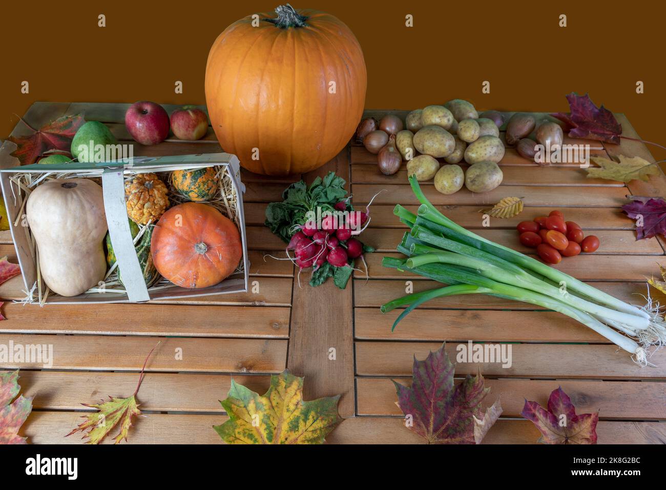 Ein Erntedank Tisch mit Produkten aus der Regionalen Ernte umrandet mit frisch gesammelten Blättern Stock Photo