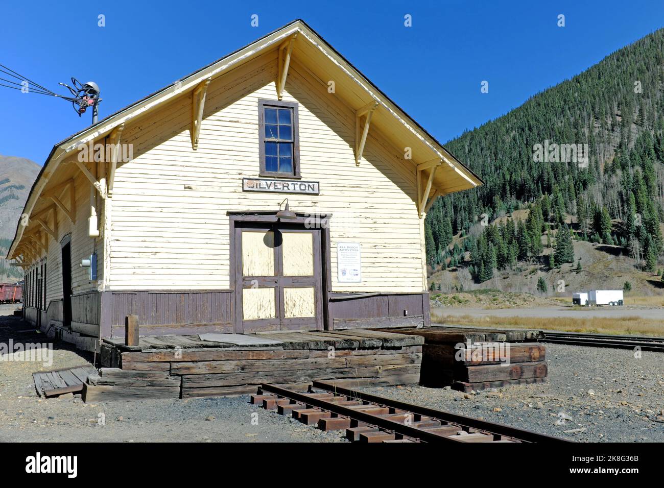 The historic old west train depot on East 10 in Silverton, Colorado, USA is one of many historic landmarks in this old silver and gold mining town, Stock Photo