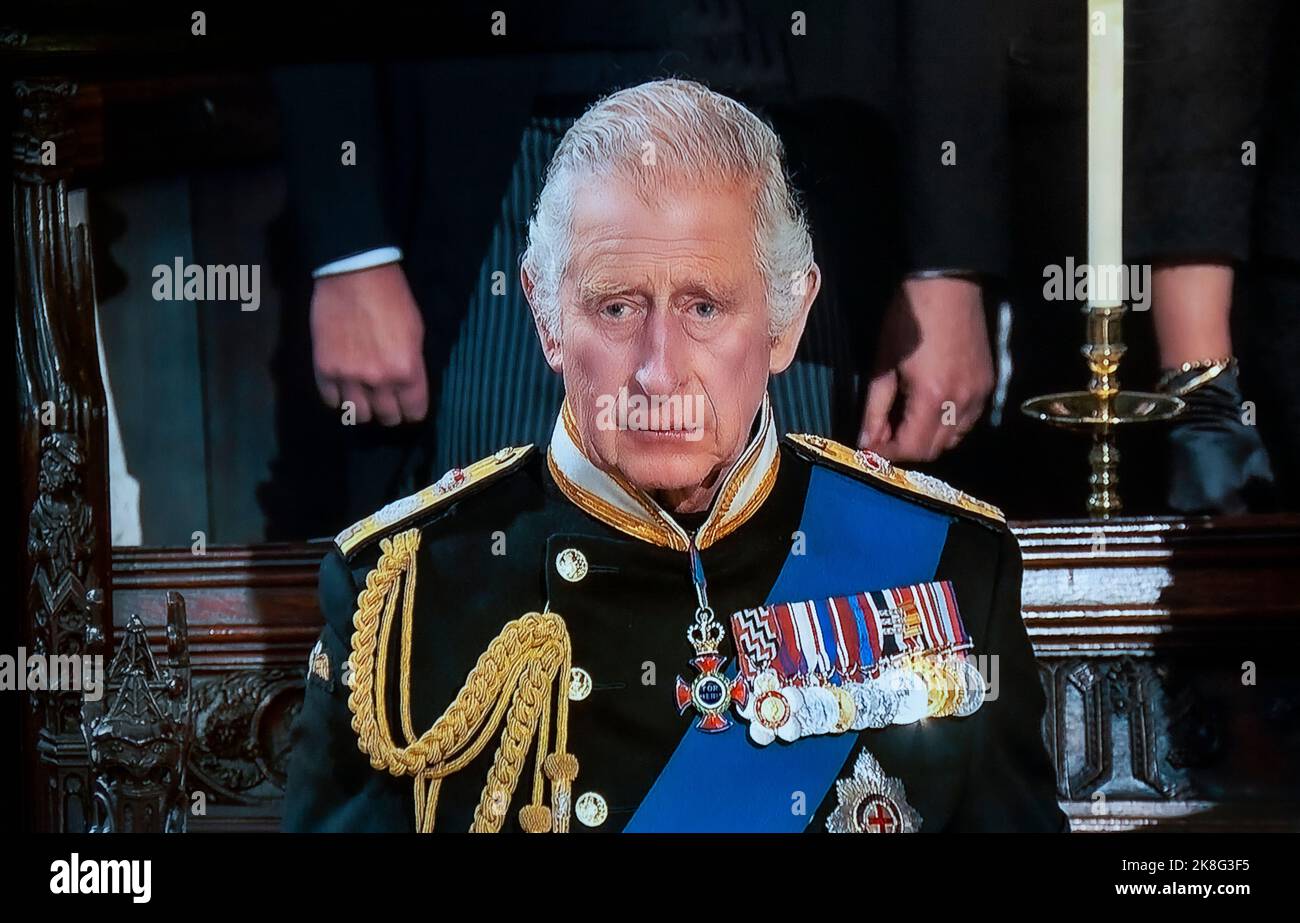 KING CHARLES III Queen Elizabeth II Funeral at Saint George’s Chapel Windsor Castle. A pensive sad reflective King Charles III head and shoulders during HM The Queen interior Royal Chapel funeral service at Windsor. 19th September 2022 Stock Photo