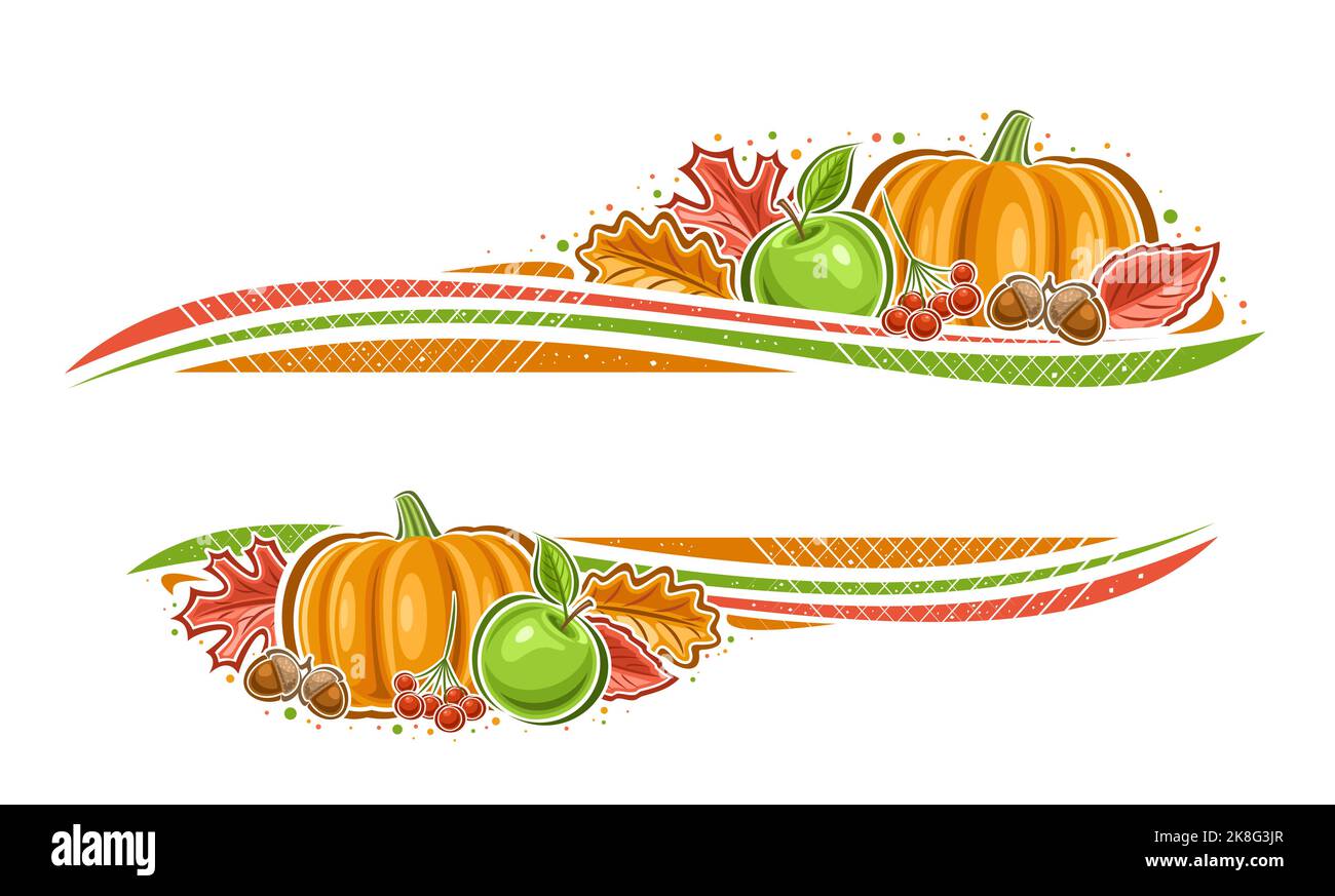 Vector border for Thanksgiving Day with blank copy space for congratulation text, decorative invitation with illustration of maple leaves, green apple Stock Vector