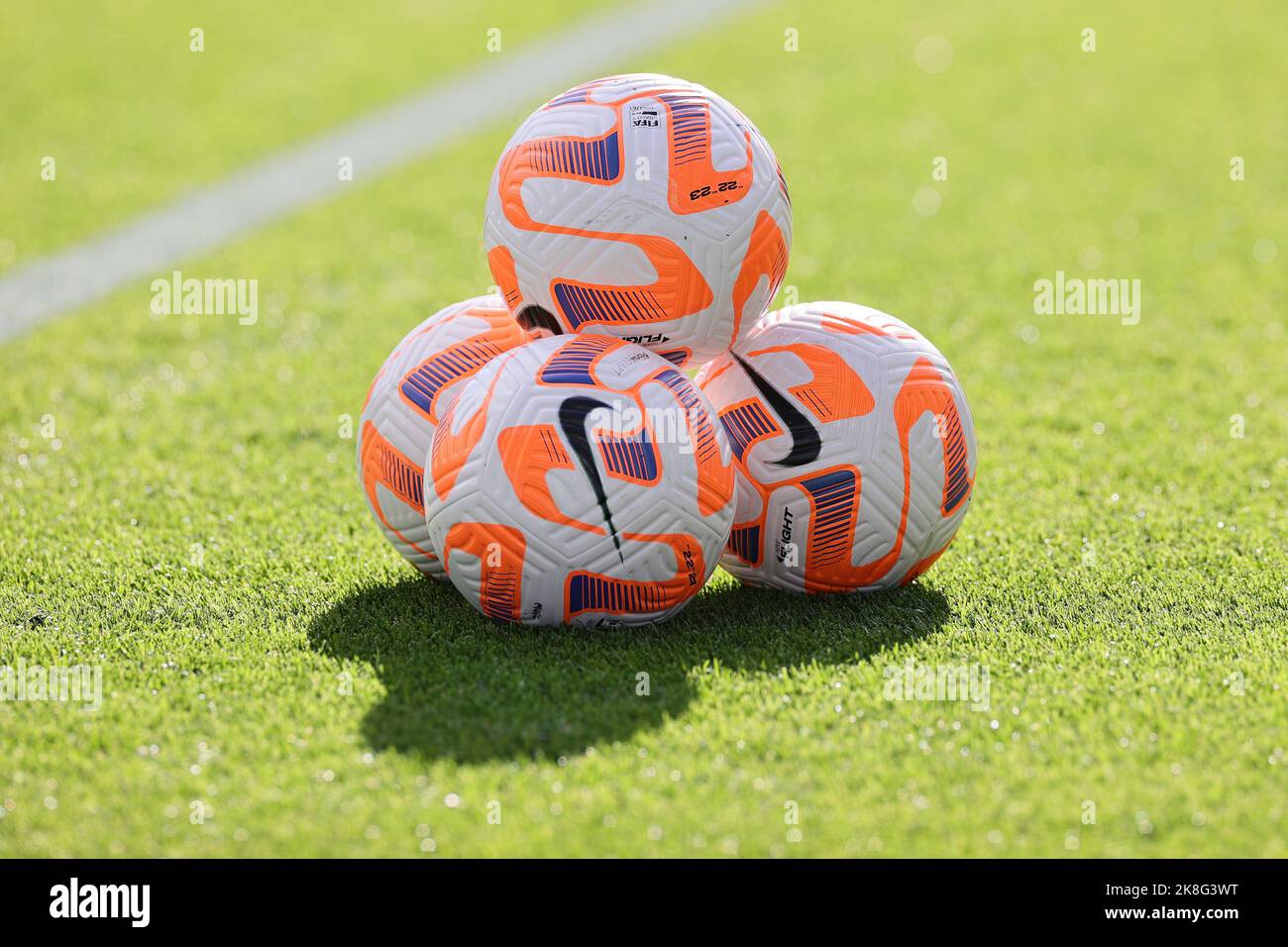 Leicester, UK. 23rd Oct, 2022. Leicester, England, October 23rd 2022: Nike Flight footballs used in the WSL are seen ahead of the Barclays FA Womens Super League game between Leicester City and Manchester United at the King Power Stadium in Leicester, England. (James Holyoak/SPP) Credit: SPP Sport Press Photo. /Alamy Live News Stock Photo