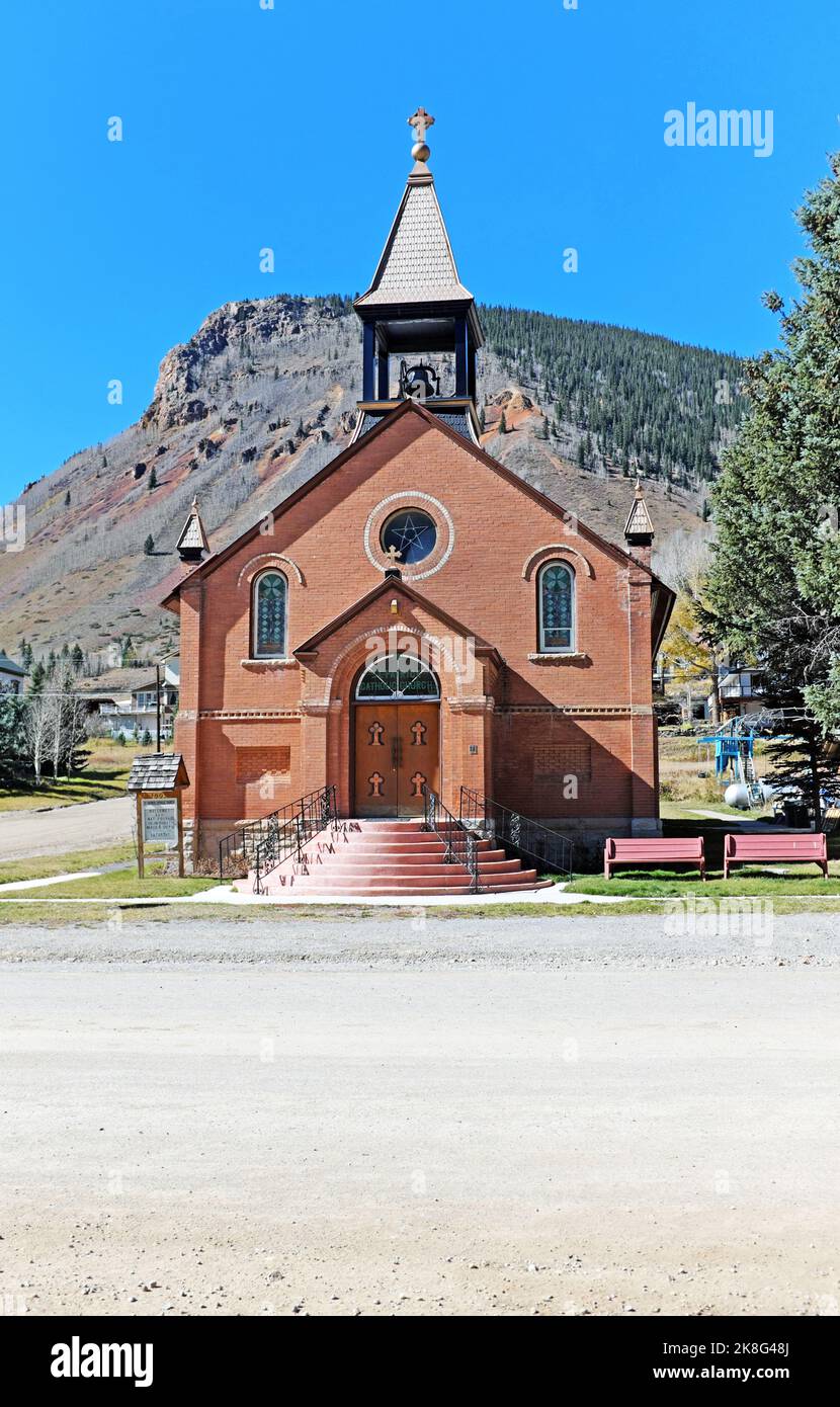 Built in 1905, the historic St. Patrick's Catholic Church stands on the corner of Reese and West 10th Street in Silverton, Colorado, USA Stock Photo