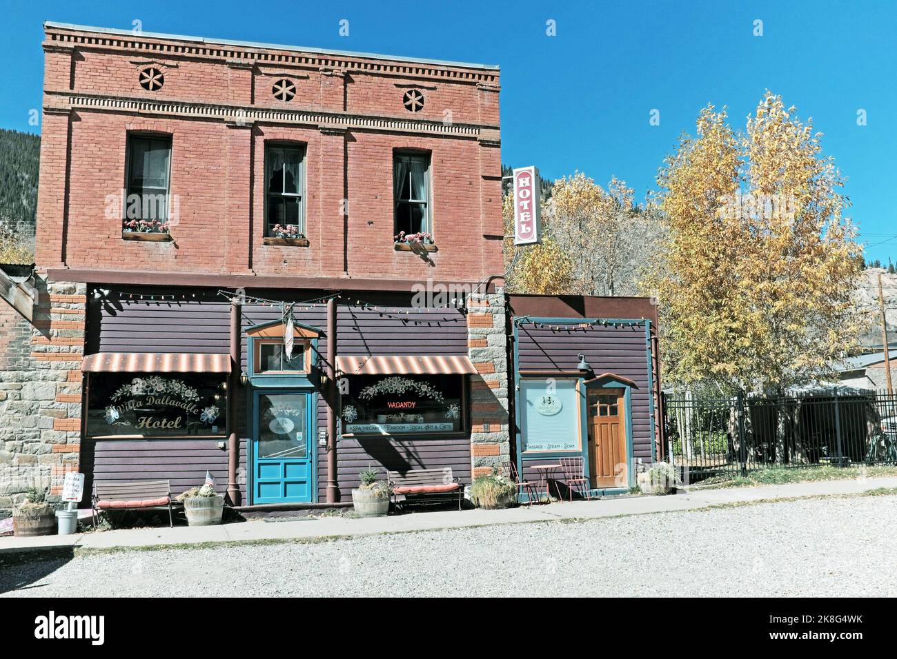 Villa Dallavalle Historic Inn and Hotel on Blair Street in Silverton, Colorado, USA was a miner boarding house, a grocery store, and bed and breakfast. Stock Photo