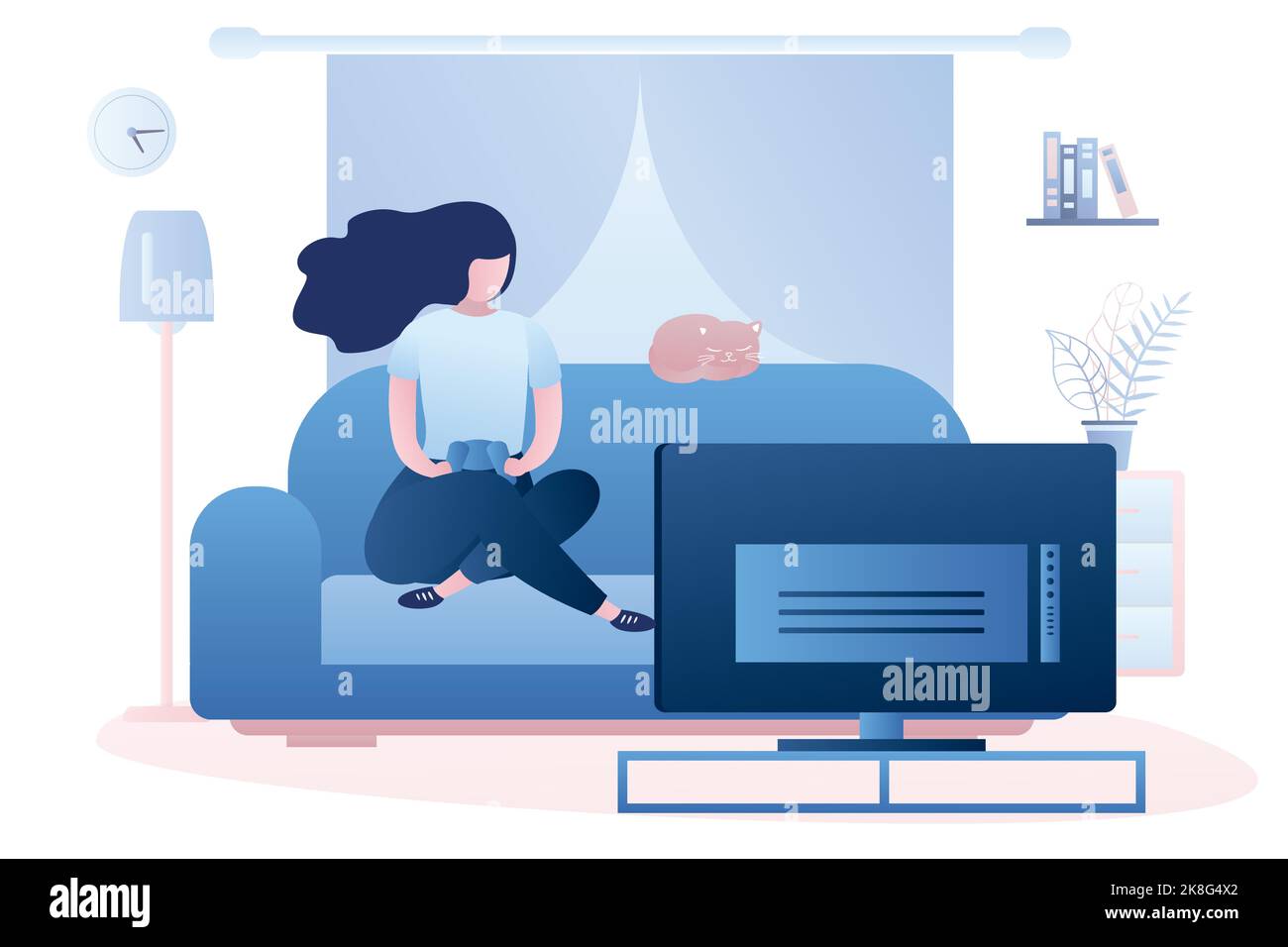 Young girl is sitting on the couch. Woman is holding a controller and playing a game on TV.Living room interior with furniture. Trendy style vector il Stock Vector
