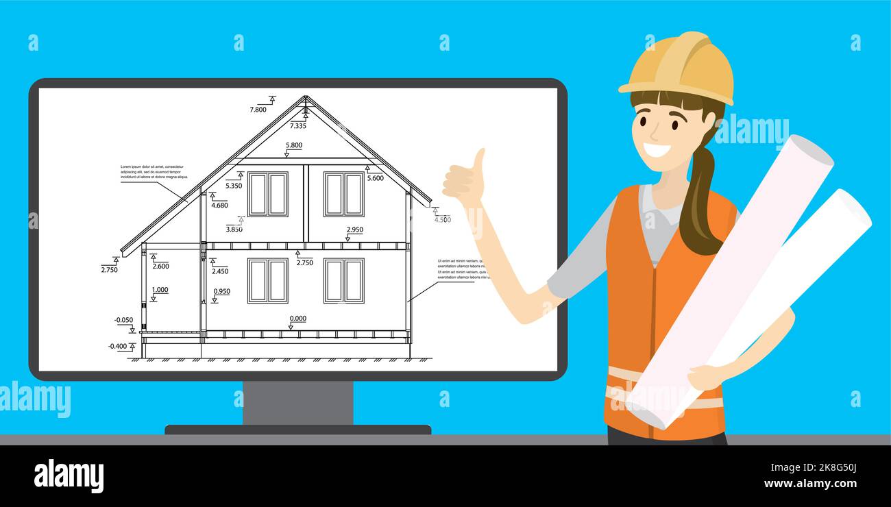 Beauty caucasian woman engineer or architect and house plan or scheme on monitor screen. Carton happy female character. Flat vector illustration Stock Vector