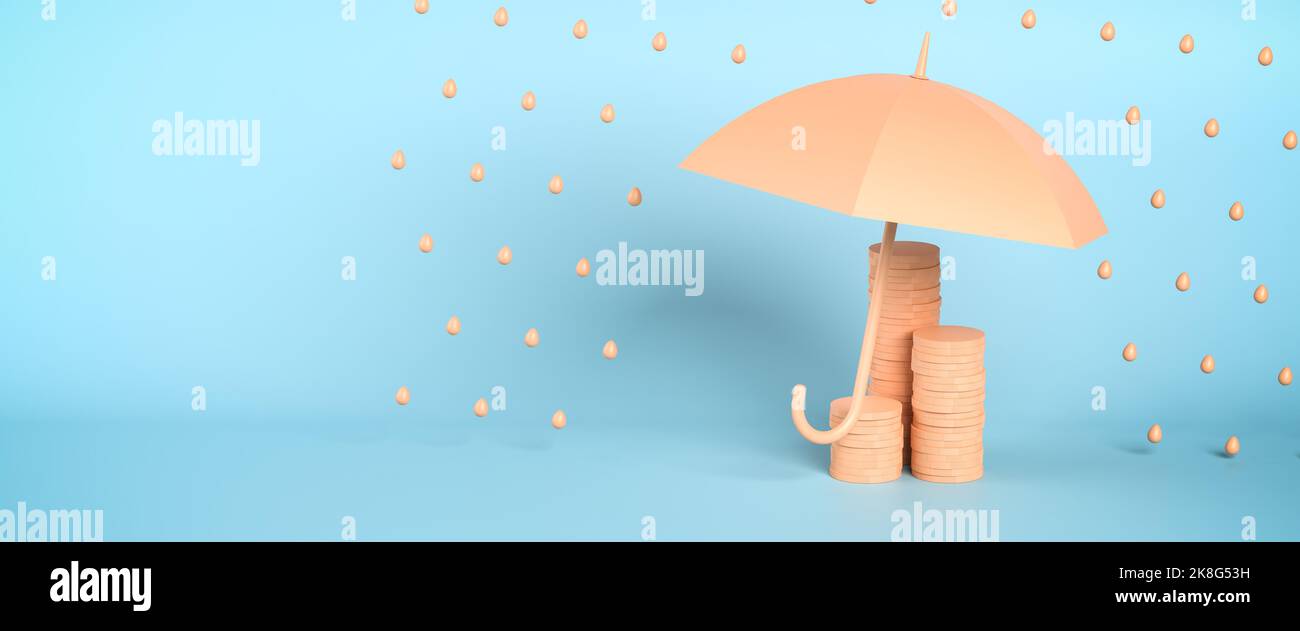 Protection or insurance concept: Minimalistic stacks of coins under an open umbrella protecting them against rain. Web banner format Stock Photo
