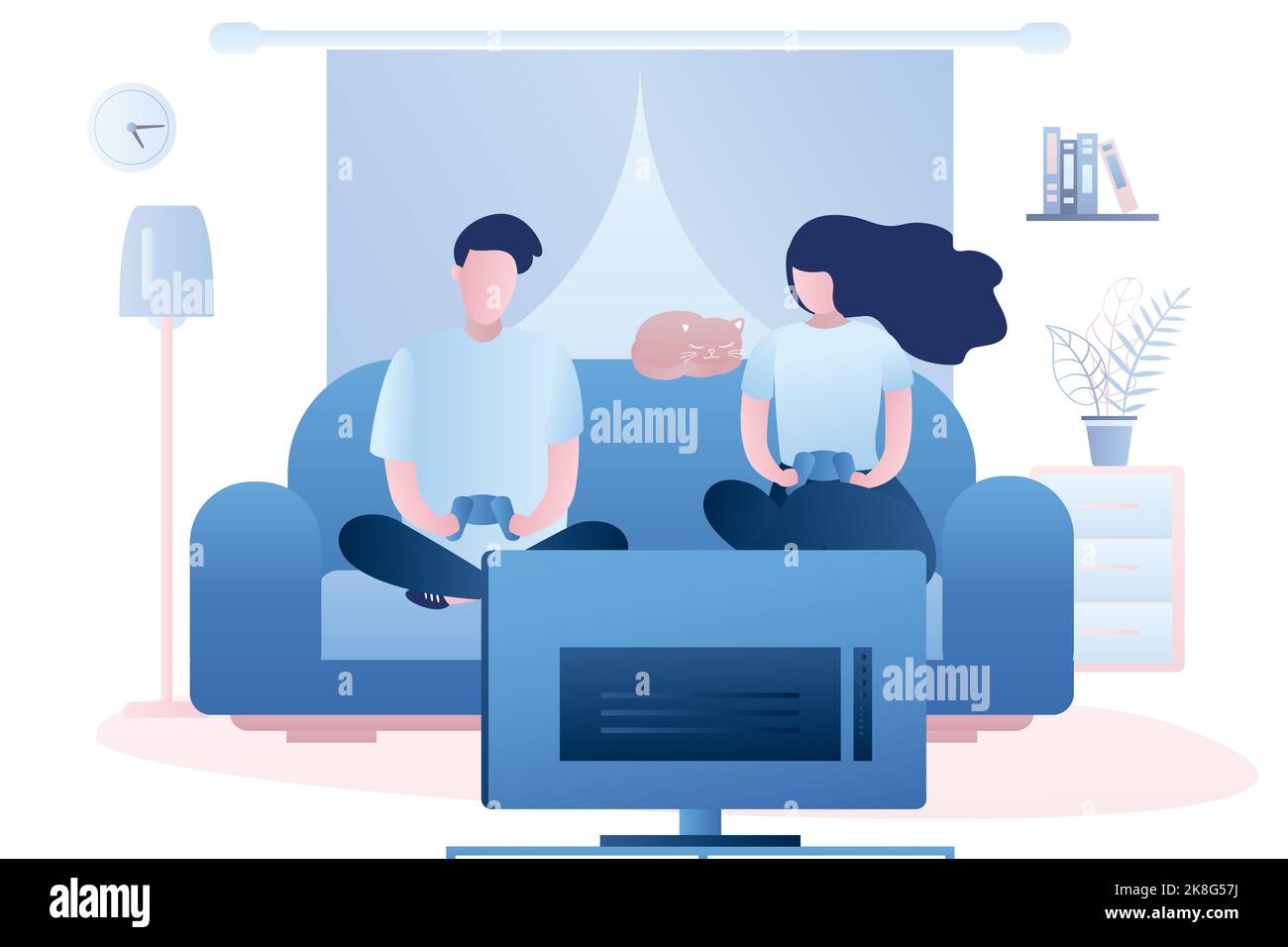 Couple of young people sitting on the couch. Two adults are holding a controllers and playing a game on TV. Living room interior with furniture. Human Stock Vector