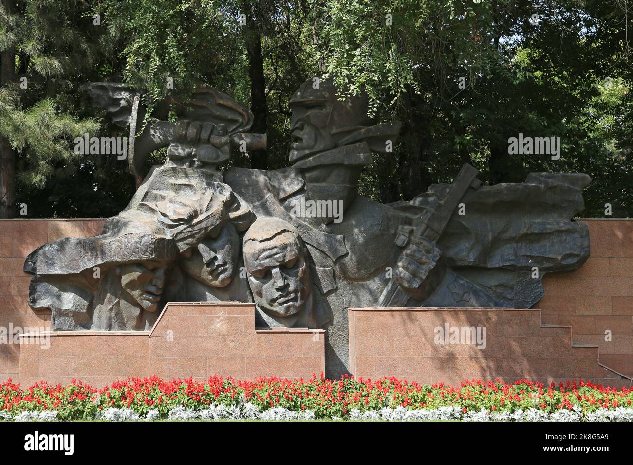 'Trumpeting Glory', Memorial to Glory triptych, Panfilov Park, Gogol Street, Almaty, Almaty Region, Kazakhstan, Central Asia Stock Photo