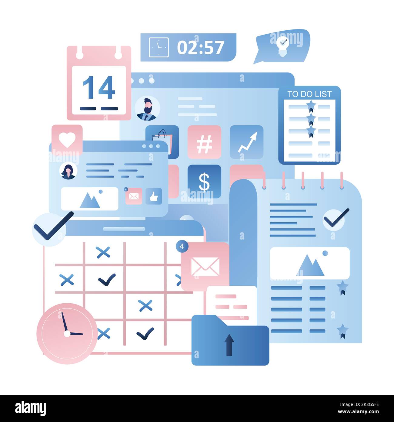 Business signs and icons. Office day and business daily planner. Schedule and to do list. Time management concept in trendy style. Isolated on white b Stock Vector